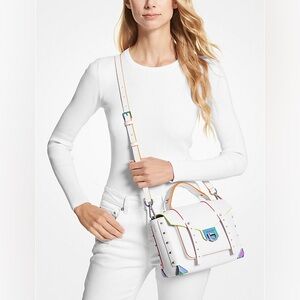 🔥NWT Michael Kors Manhattan Satchel Medium in White Multi-color PRIDE READY